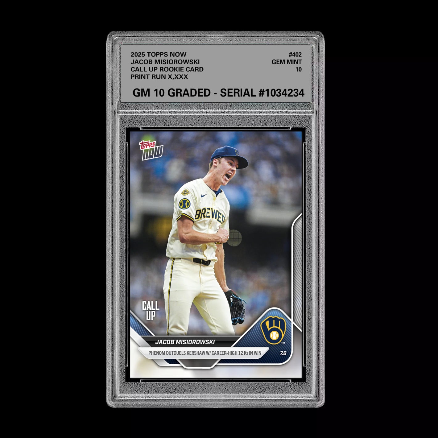 Graded 10 Jacob Misiorowski - 2025 TOPPS NOW #402 RC Rookie Call Up Card Baseball