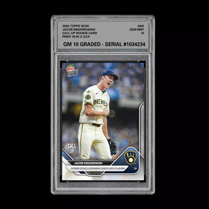 Graded 10 Jacob Misiorowski - 2025 TOPPS NOW #402 RC Rookie Call Up Card Baseball