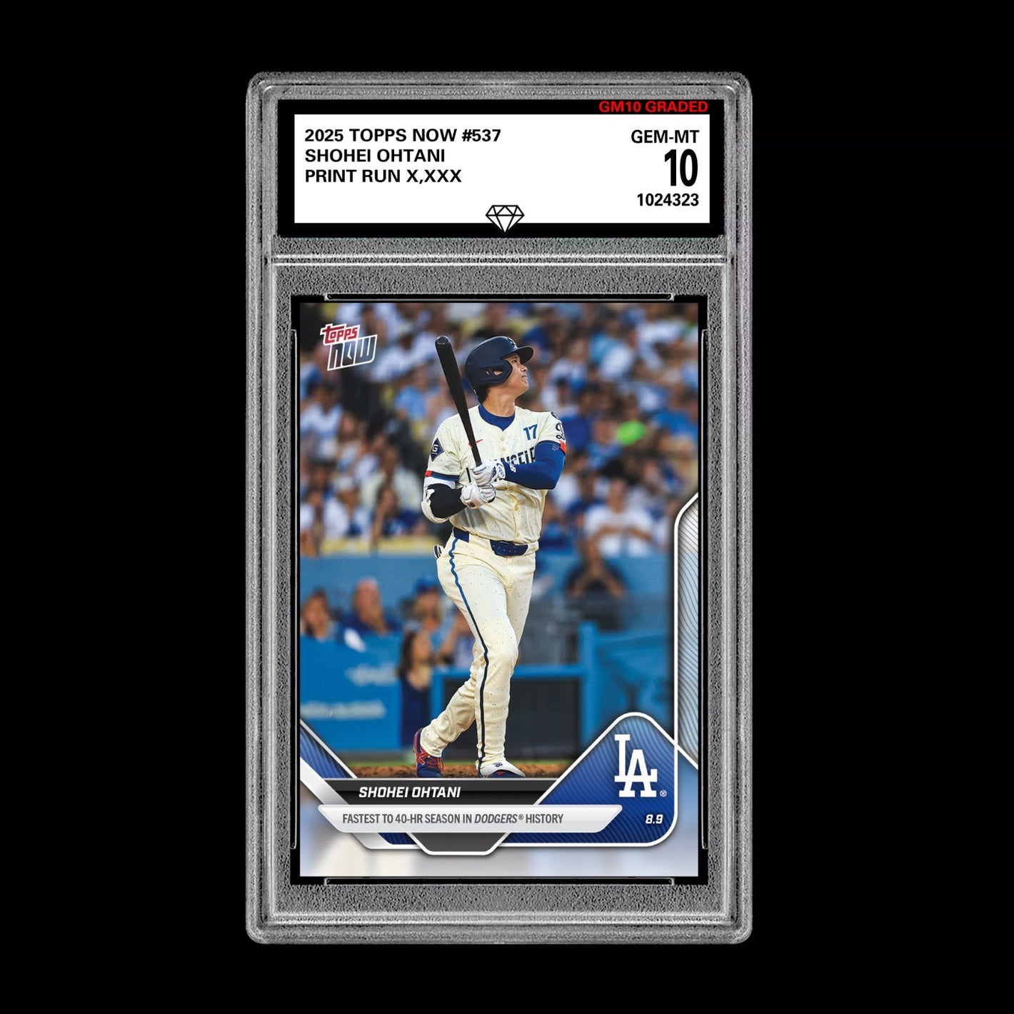 Graded 10 Shohei Ohtani - 2025 Topps Now #537 Los Angeles Dodgers Fastest 40 HR Baseball