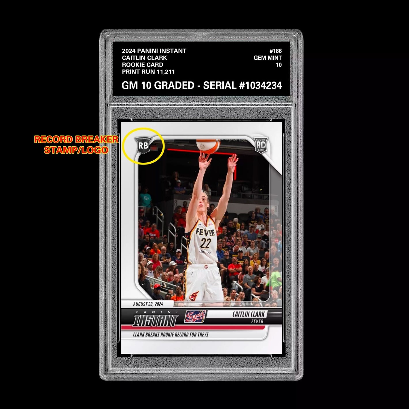 Graded 10 CAITLIN CLARK #186 RC ROOKIE Card 2024 Panini Instant Indiana Fever Basketball