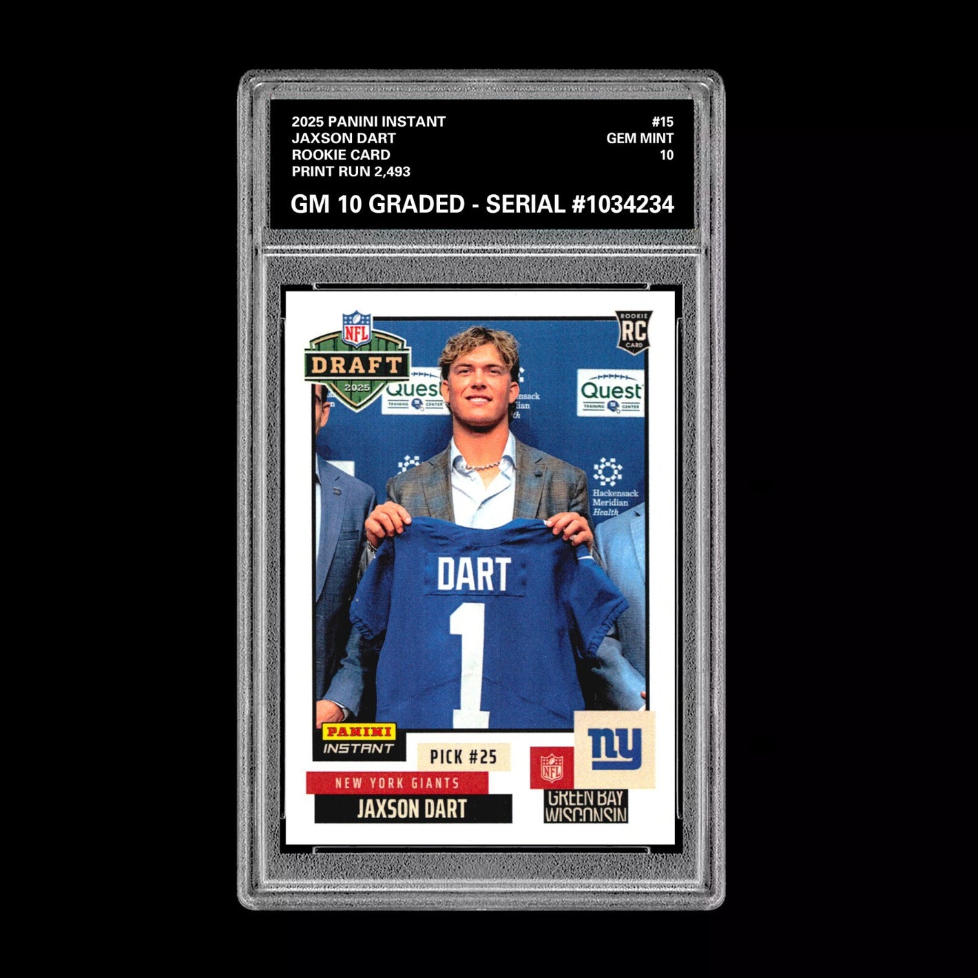 Graded 10 Jaxson Dart RC Rookie 2025 Panini Instant NFL Draft #15 NY Giants Football
