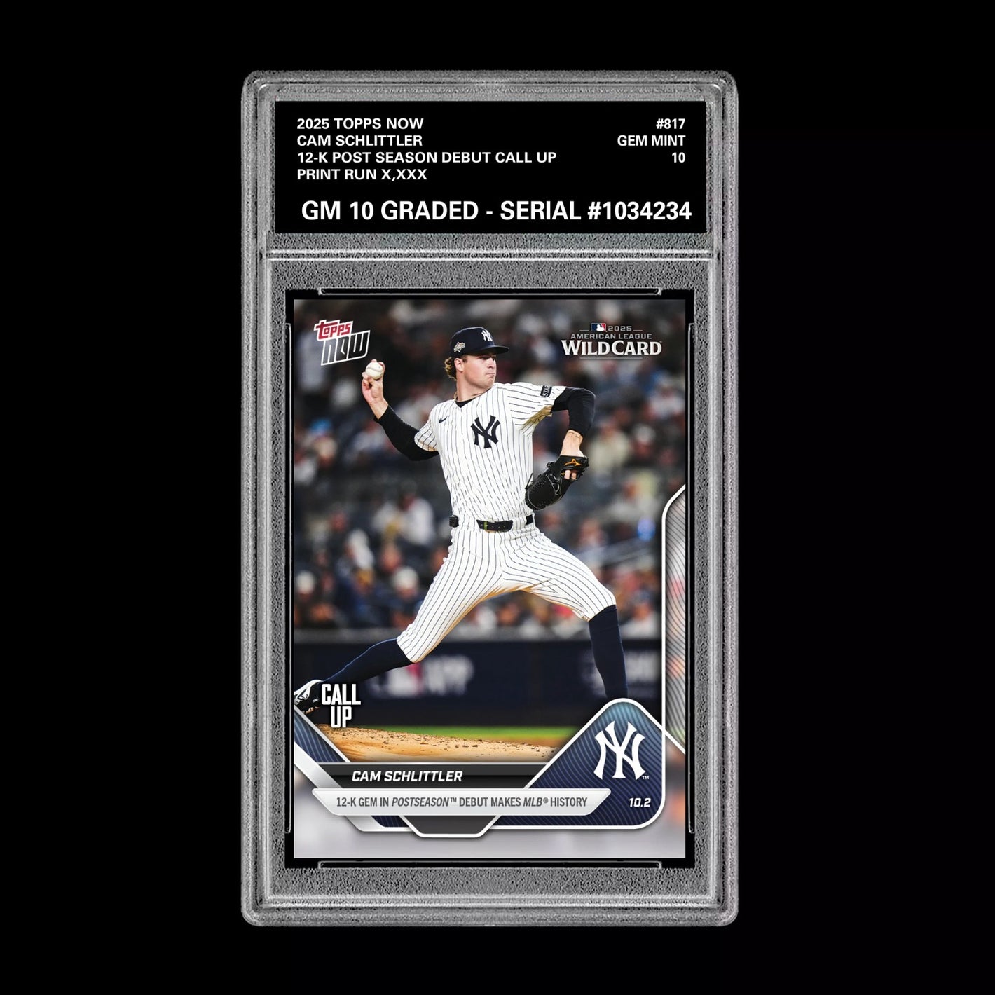 Graded 10 Cam Schlittler #817 2025 MLB Topps Now 12-K Post RC Rookie Card Baseball