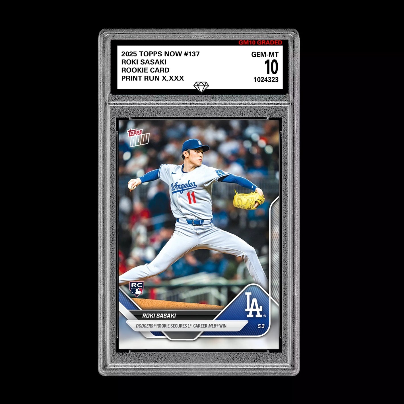 Graded 10 Roki Sasaki #137 RC Rookie 2025 Topps Now LA Dodgers FIRST WIN Card Baseball