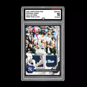 Graded 10 Spencer Jones 2026 Topps NOW #186Call Up Rookie Card Yankees PRESALE Baseball