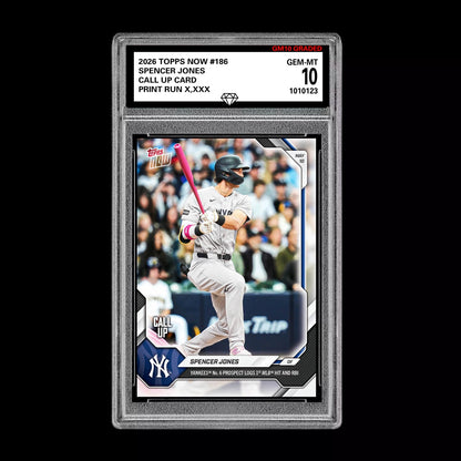 Graded 10 Spencer Jones 2026 Topps NOW #186Call Up Rookie Card Yankees PRESALE Baseball