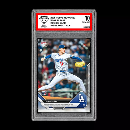 Graded 10 Roki Sasaki #137 RC Rookie 2025 Topps Now LA Dodgers FIRST WIN Card Baseball