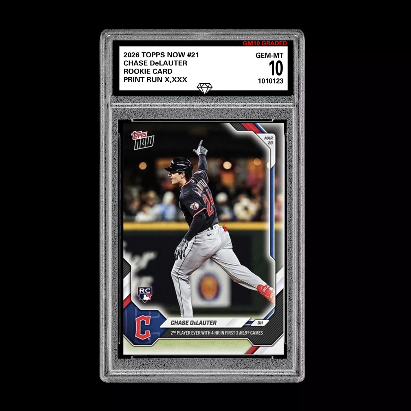 Graded 10 Chase DeLauter Rookie RC Card #21 2026 Topps NOW Cleveland Guardians  Baseball
