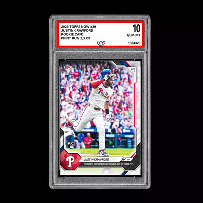 Graded 10 Justin Crawford Rookie RC Card #39 2026 Topps NOW Phillies  Baseball