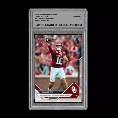 Graded 10 John Mateer 2025 Bowman U Now Football #2 Oklahoma Sooners RC  Football