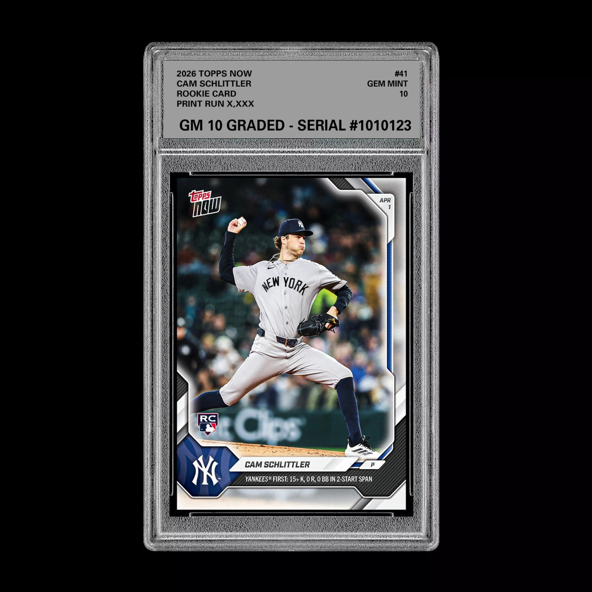Graded 10 Cam Schlittler Rookie RC Card #41 2026 Topps NOW Yankees  Baseball