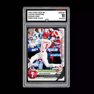 Graded 10 Justin Crawford #9 RC Rookie 2026 Topps Now MLB Opening Day  Baseball
