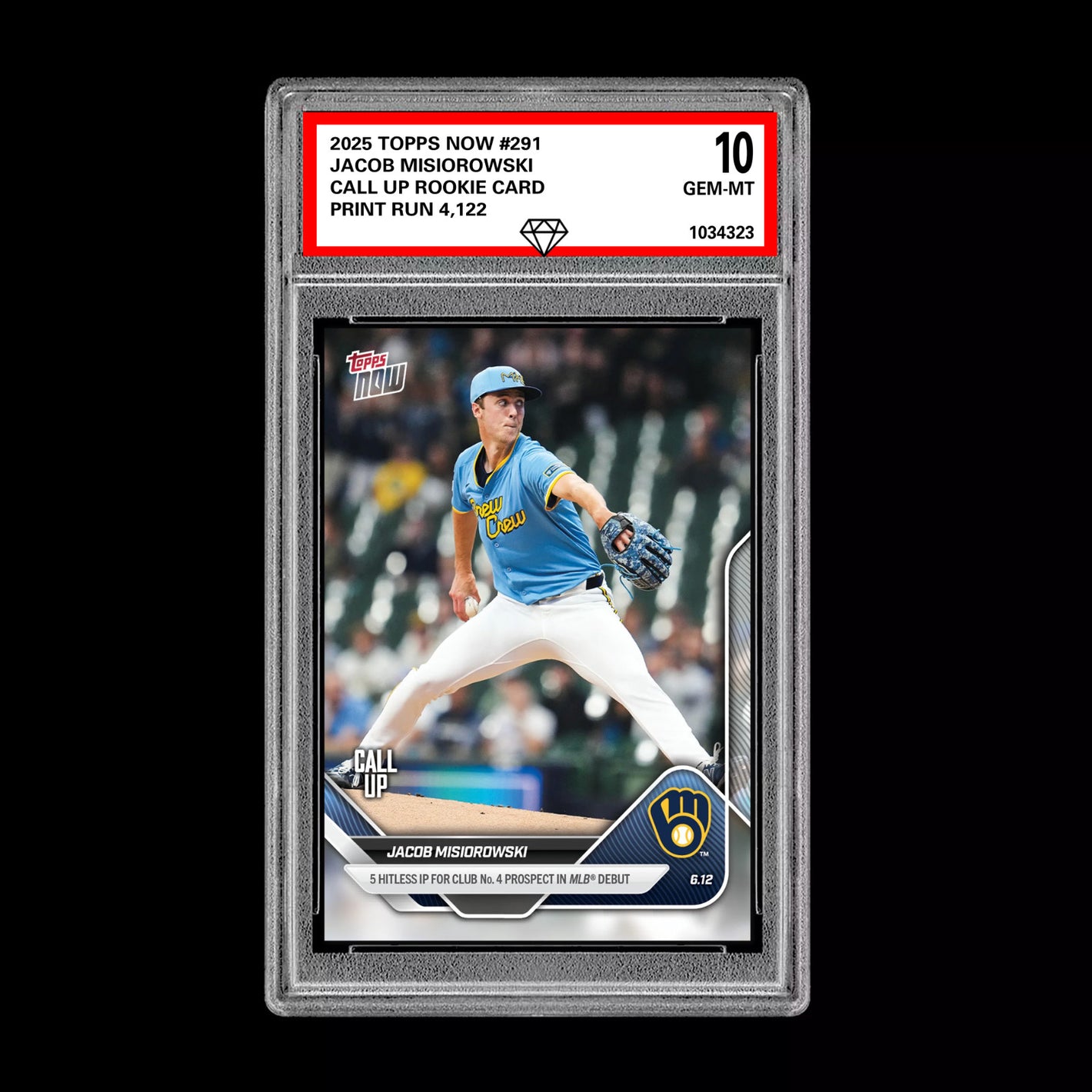 Graded 10 Jacob Misiorowski - 2025 TOPPS NOW #291 RC Rookie Call Up Card Baseball