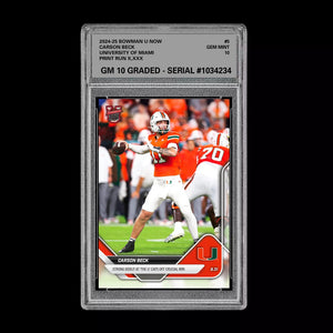 Graded 10 Carson Beck Debut Miami U 2025 Bowman U NOW Football Card 5 RC Rookie Football