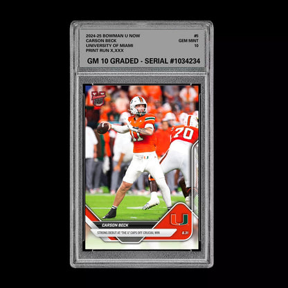 Graded 10 Carson Beck Debut Miami U 2025 Bowman U NOW Football Card 5 RC Rookie Football