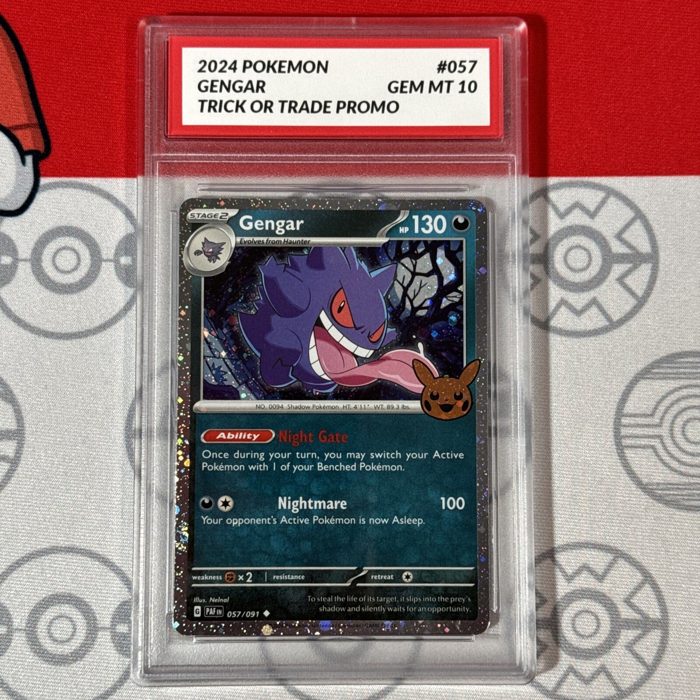 Graded 10 Gengar 2024 Trick Or Trade Reverse Holo Promo Pokemon Card 057 PAF