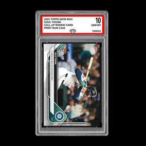 Graded 10 Cole Young 2025 Topps Now #243 RC Rookie CALL UP Seattle Mariners Baseball