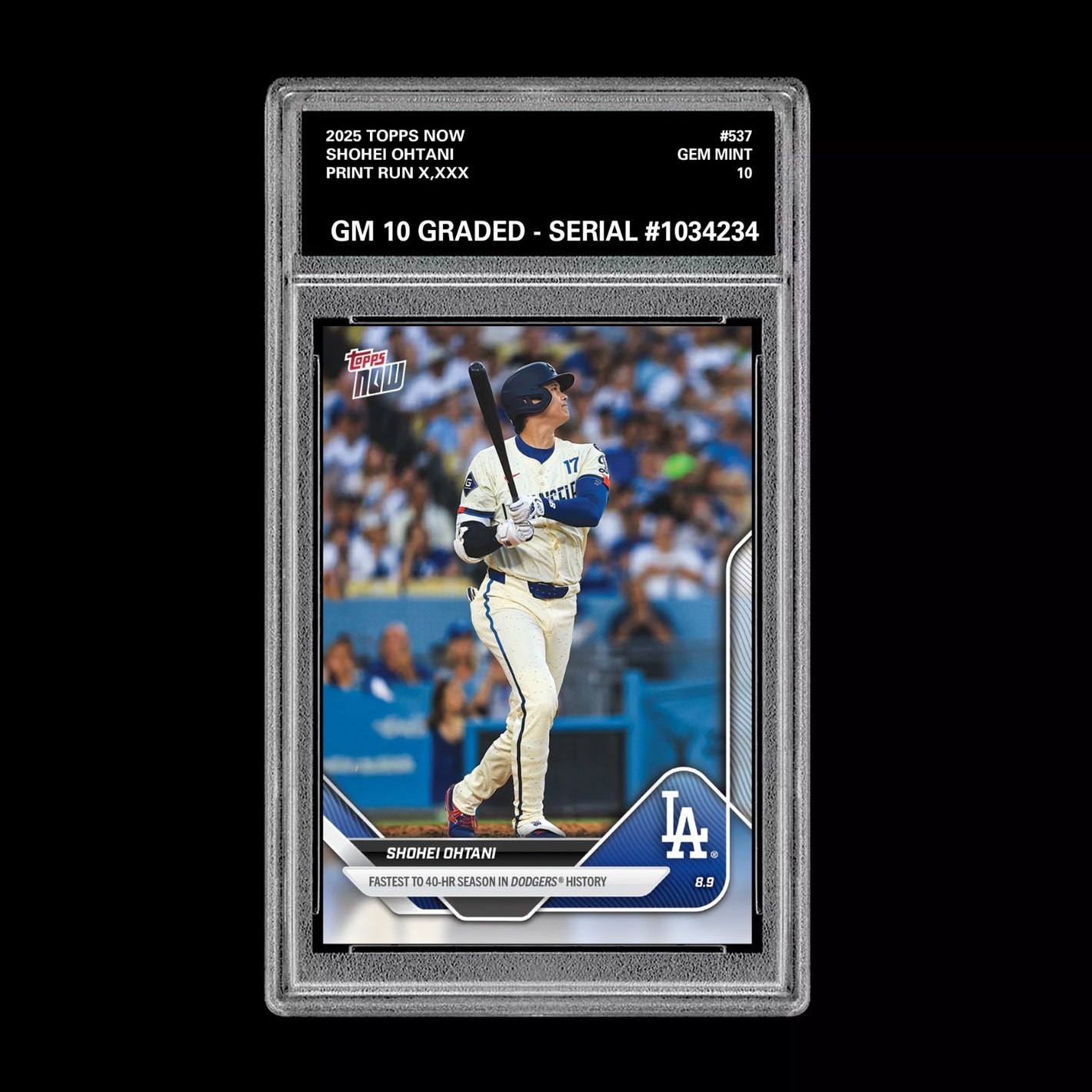 Graded 10 Shohei Ohtani - 2025 Topps Now #537 Los Angeles Dodgers Fastest 40 HR Baseball