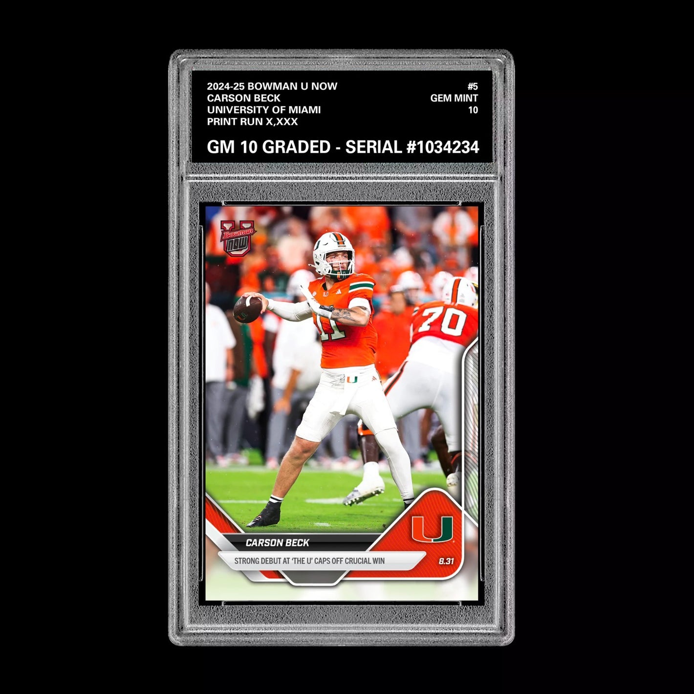 Graded 10 Carson Beck Debut Miami U 2025 Bowman U NOW Football Card 5 RC Rookie Football