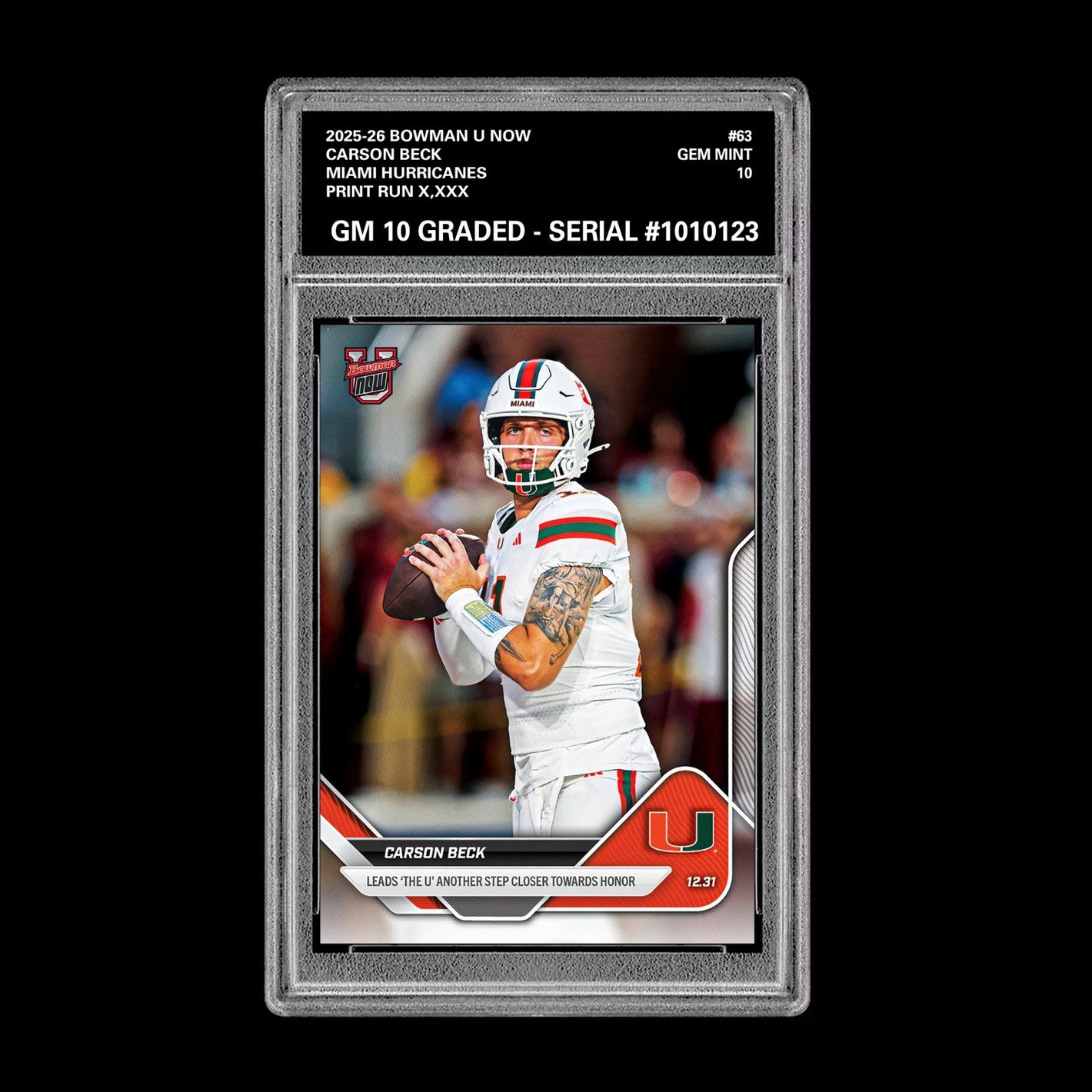 Graded 10 Carson Beck 2025-26 Bowman U Now #63 Miami Hurricanes PRESALE Football