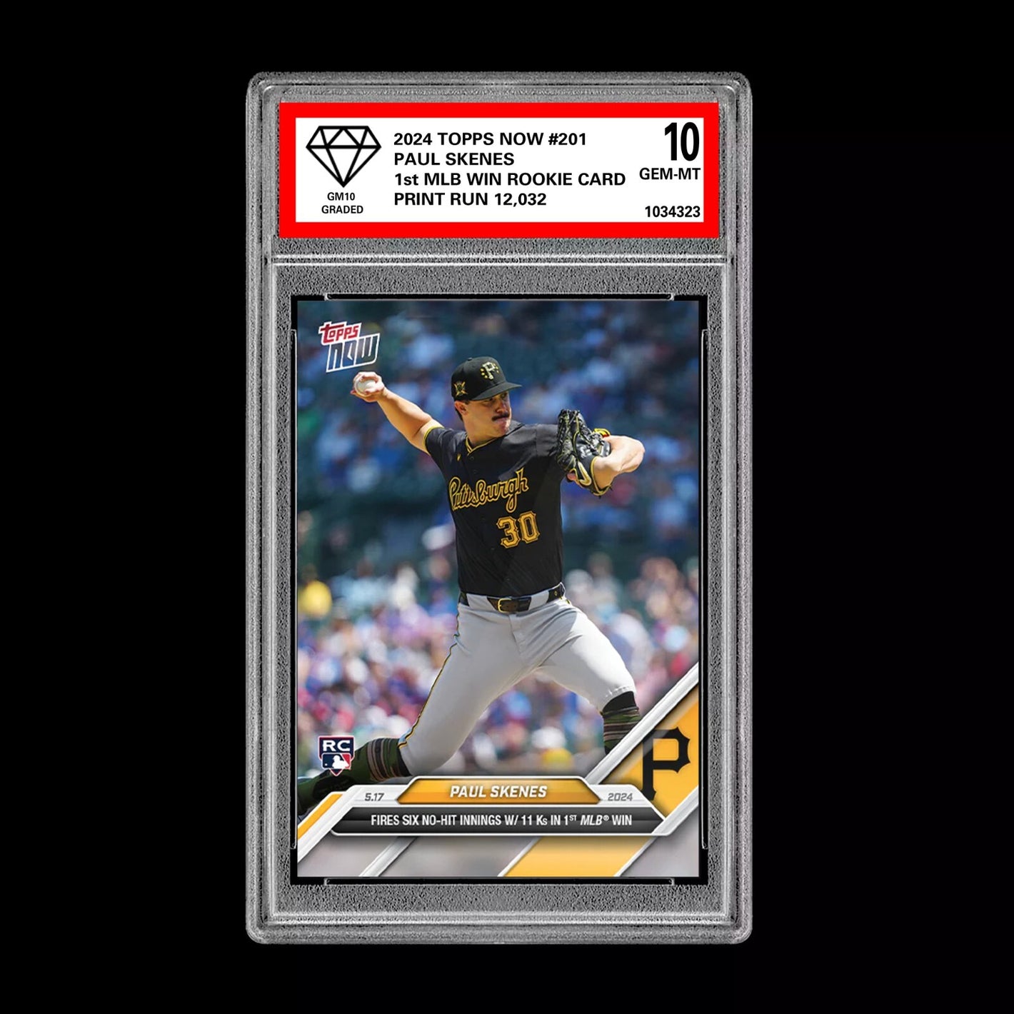 Graded 10 Paul Skenes #201 1st MLB WIN 2024 Topps Now RC Rookie Card Pirates Baseball