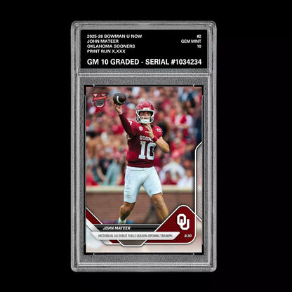 Graded 10 John Mateer 2025 Bowman U Now Football #2 Oklahoma Sooners RC  Football