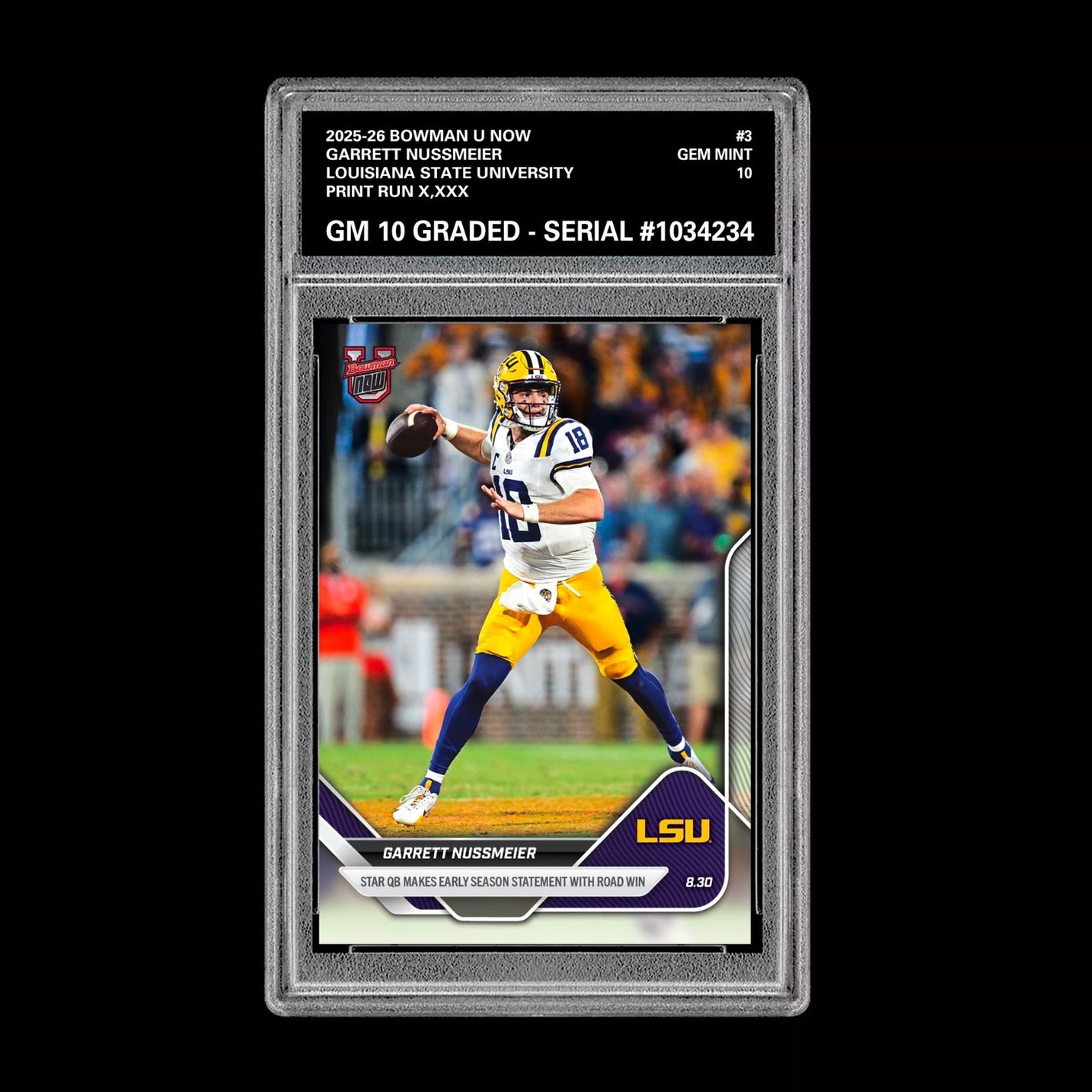 Graded 10 Garrett Nussmeier LSU 2025 Bowman U NOW Football RC Card 3 Rookie Card Football