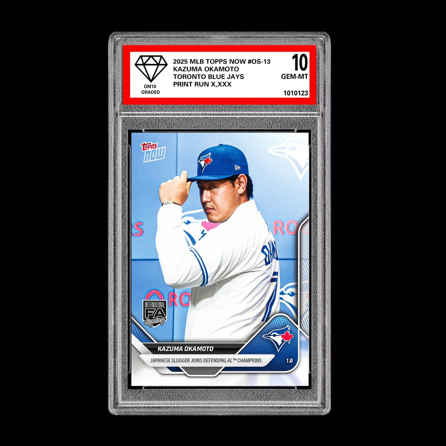 Graded 10 Kazuma Okamoto OS-13 2025 MLB Topps NOW Card PRESALE Toronto Blue Jays Baseball