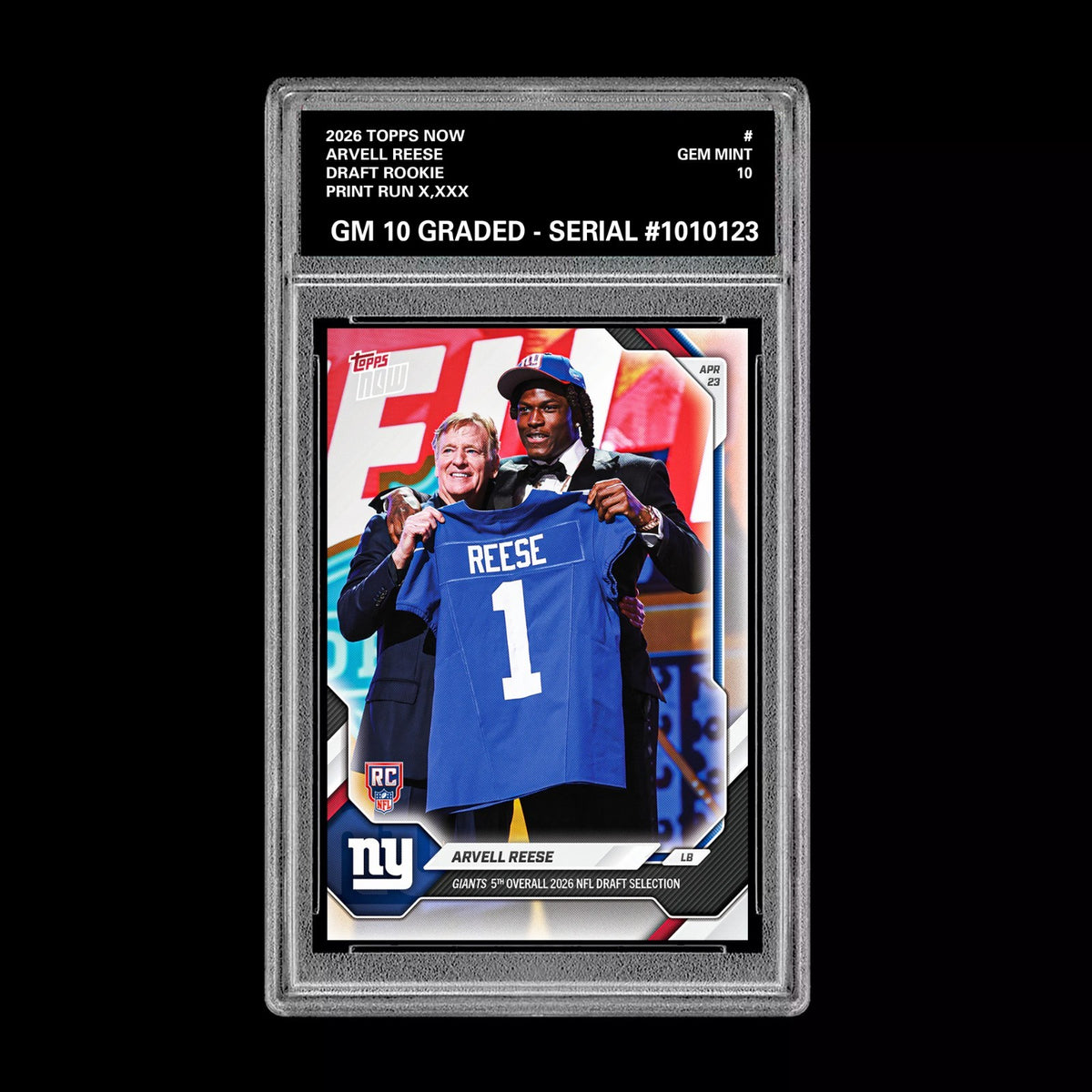 Graded 10 Arvell Reese  2025-26 TOPPS NOW RC Rookie Card Giants Football