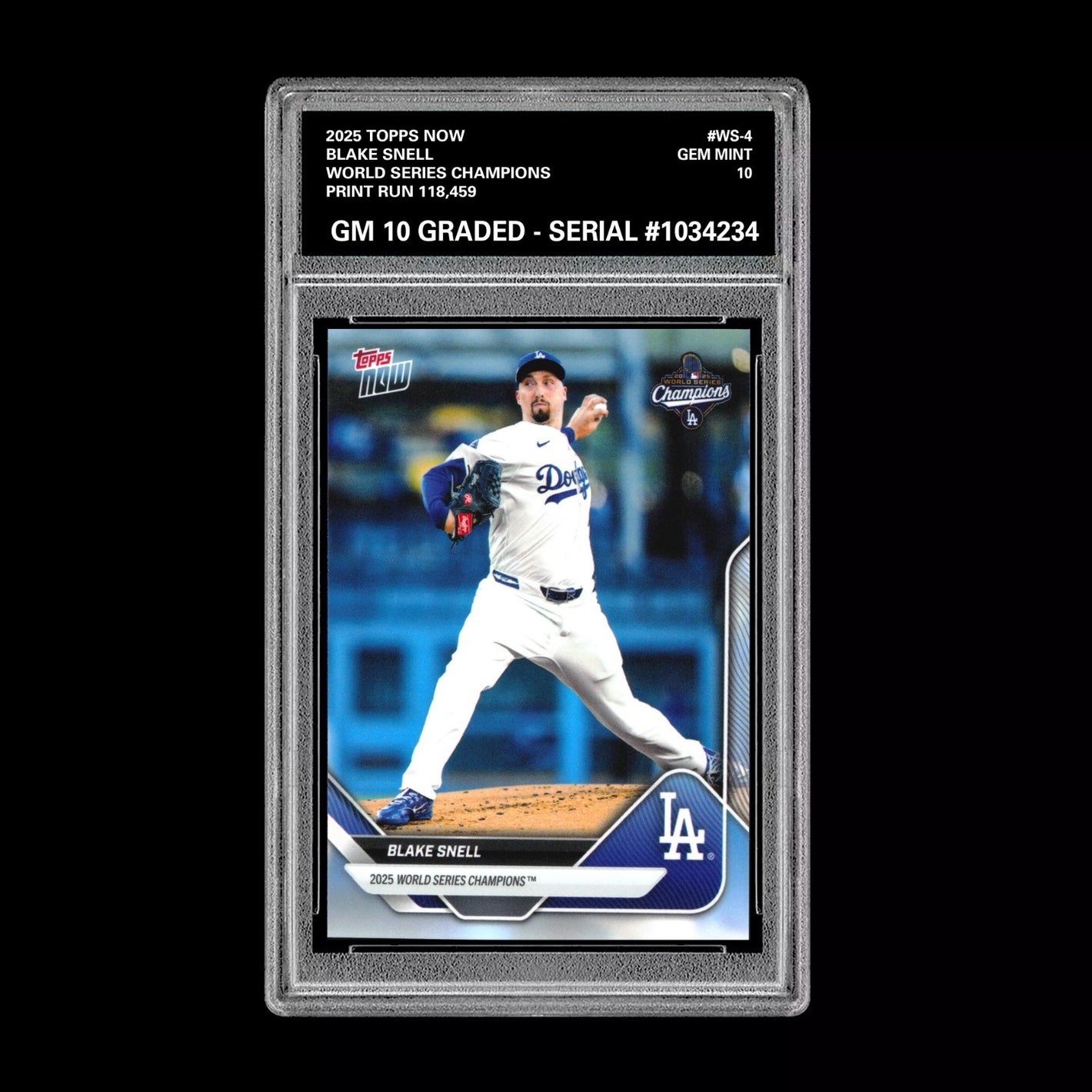 Graded 10 BLAKE SNELL #WS-4 2025 Topps Now World Series Champions Dodgers Baseball