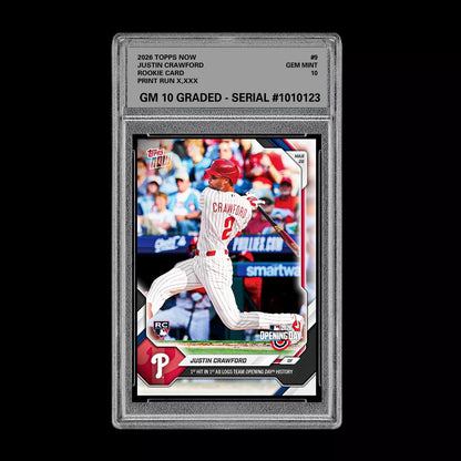 Graded 10 Justin Crawford #9 RC Rookie 2026 Topps Now MLB Opening Day  Baseball