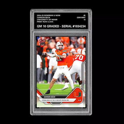 Graded 10 Carson Beck Debut Miami U 2025 Bowman U NOW Football Card 5 RC Rookie Football