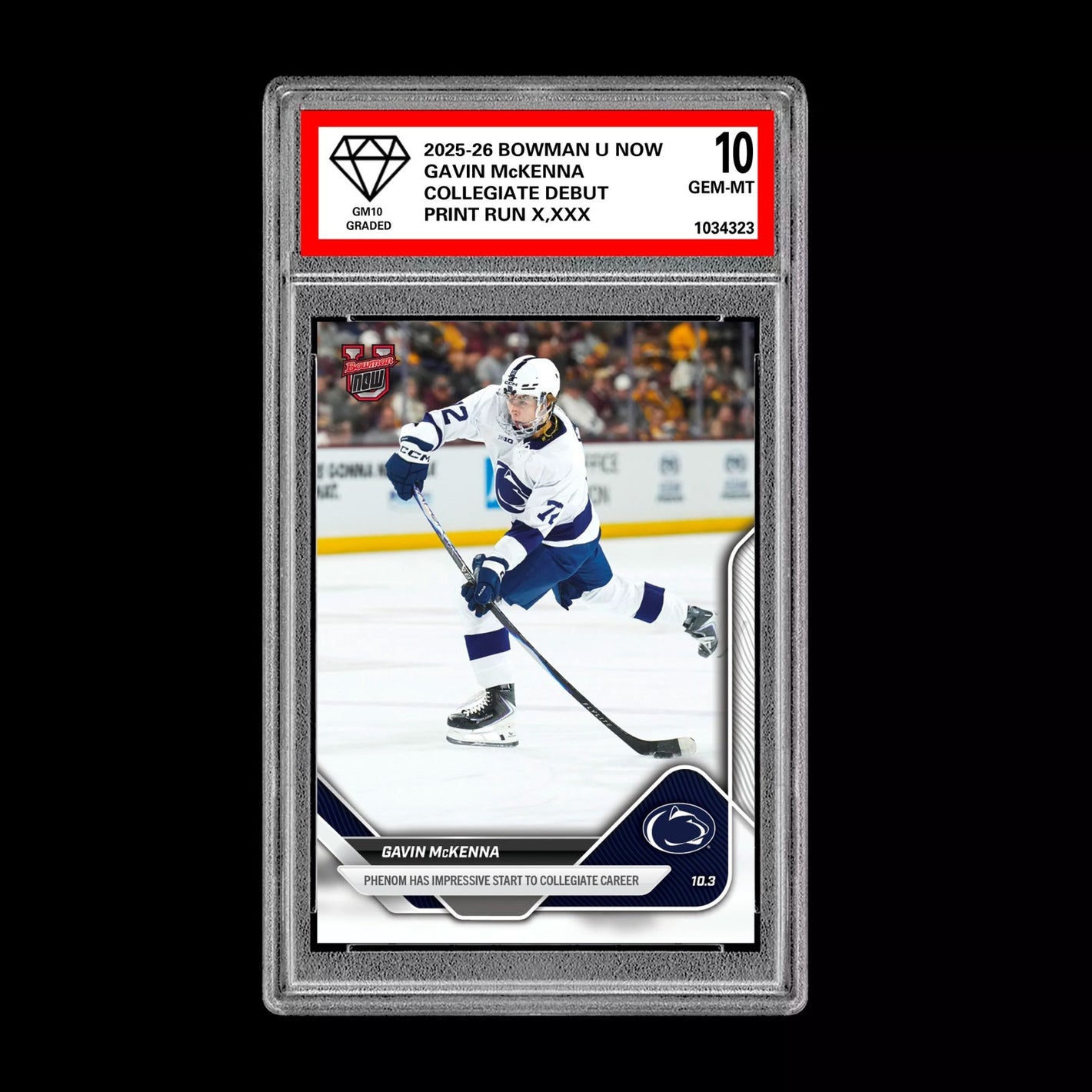 Graded 10 Gavin McKenna #1 Topps Now Bowman U Rookie Penn State Hockey RC Card Ice Hockey