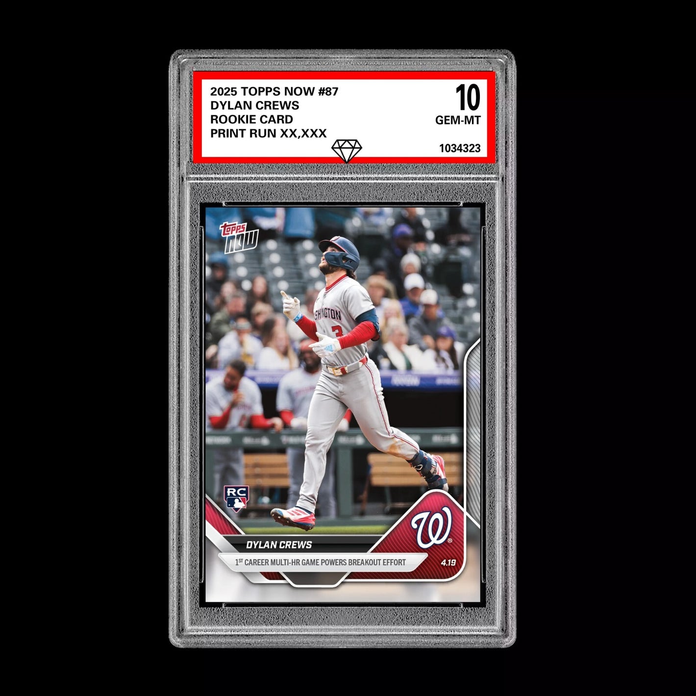 Graded 10 Dylan Crews RC Nationals Multi HR Game 2025 Topps NOW Card 87  Baseball