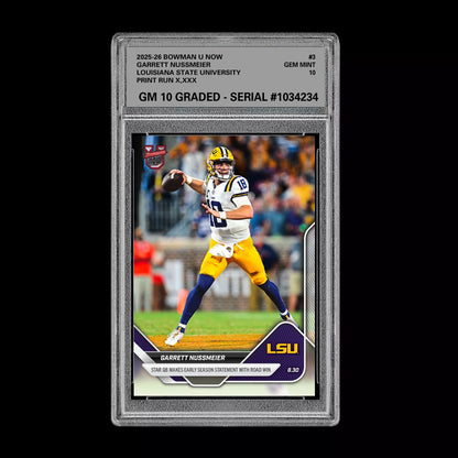 Graded 10 Garrett Nussmeier LSU 2025 Bowman U NOW Football RC Card 3 Rookie Card Football