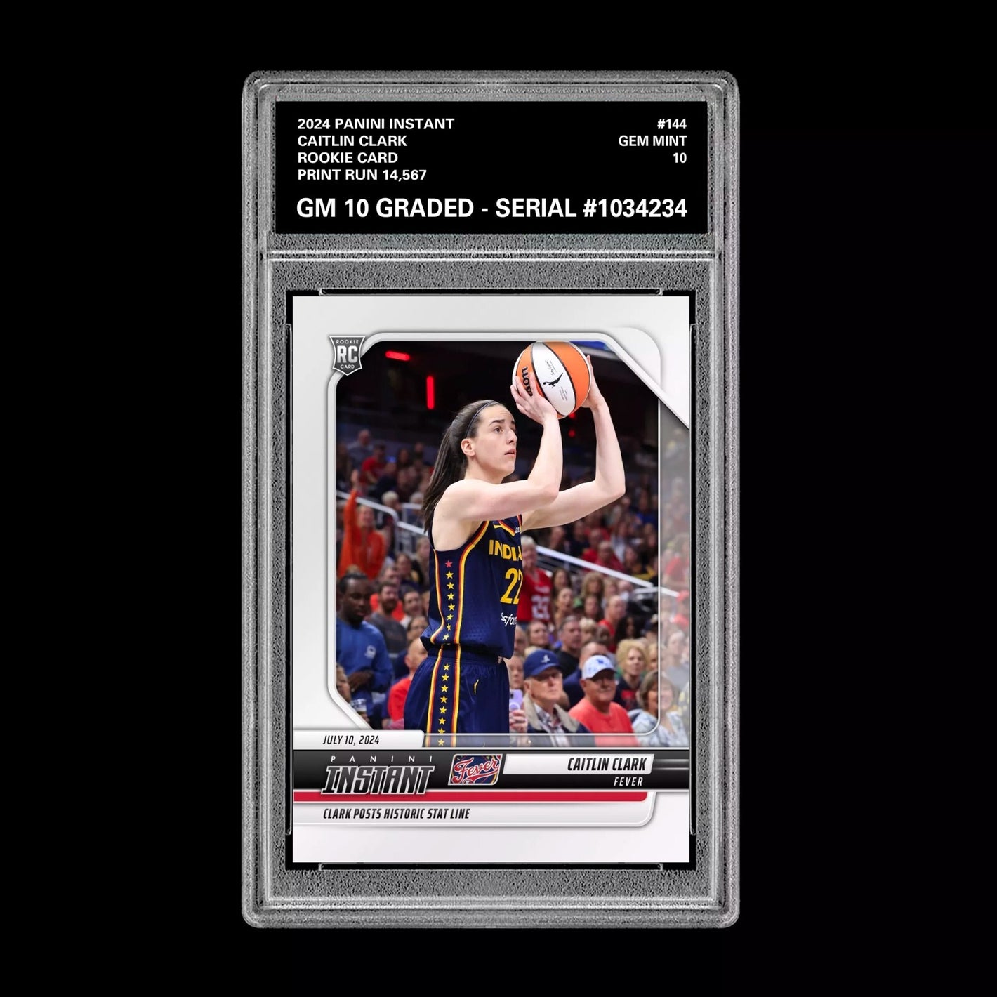 Graded 10 CAITLIN CLARK #144 RC Rookie Card 2024 Panini Instant Indiana Fever Basketball
