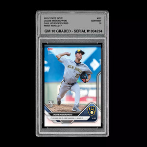 Graded 10 Jacob Misiorowski - 2025 TOPPS NOW #327 RC Rookie Call Up Card Baseball