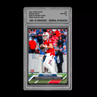 Graded 10 Drake Maye RC Rookie 2024 NFL Draft TOPPS NOW #10 Patriots 1st Start Football