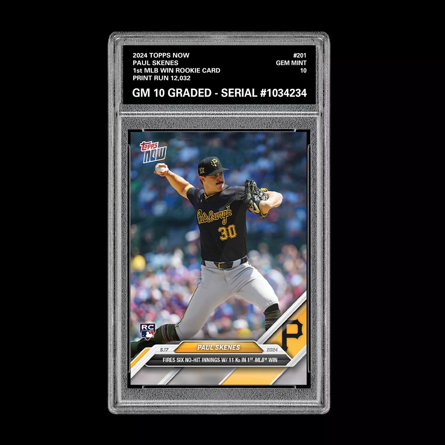 Graded 10 Paul Skenes #201 1st MLB WIN 2024 Topps Now RC Rookie Card Pirates Baseball