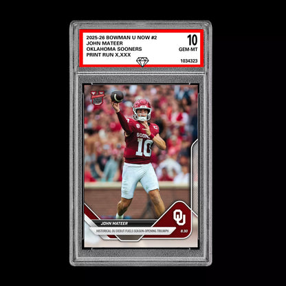 Graded 10 John Mateer 2025 Bowman U Now Football #2 Oklahoma Sooners RC  Football
