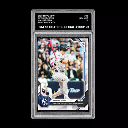 Graded 10 Spencer Jones 2026 Topps NOW #186Call Up Rookie Card Yankees PRESALE Baseball
