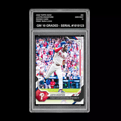 Graded 10 Justin Crawford Rookie Card 39 2026 Topps NOW Phillies PRESALE Baseball
