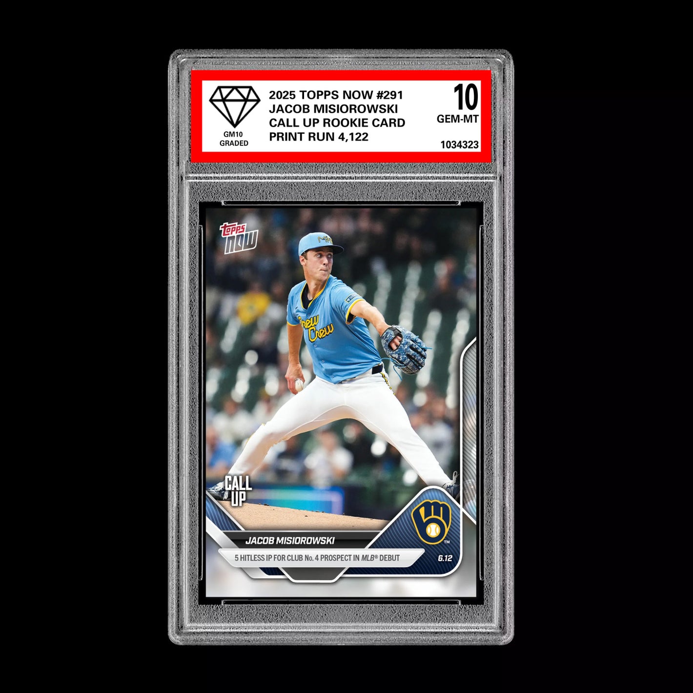 Graded 10 Jacob Misiorowski - 2025 TOPPS NOW #291 RC Rookie Call Up Card Baseball