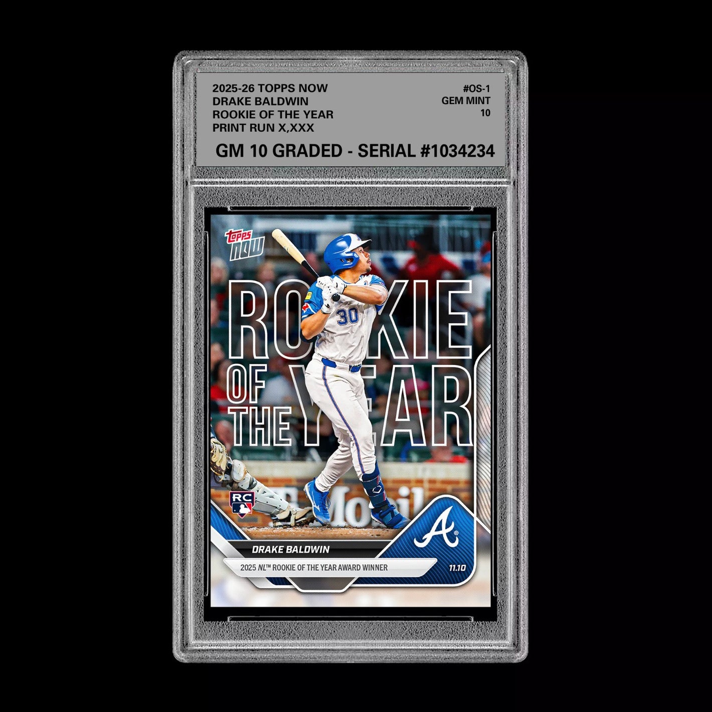 Graded 10 Drake Baldwin 2025 MLB Topps NOW Card #OS-1 Rookie Of The Year RC Baseball
