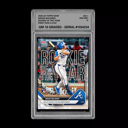 Graded 10 Drake Baldwin 2025 MLB Topps NOW Card #OS-1 Rookie Of The Year RC Baseball