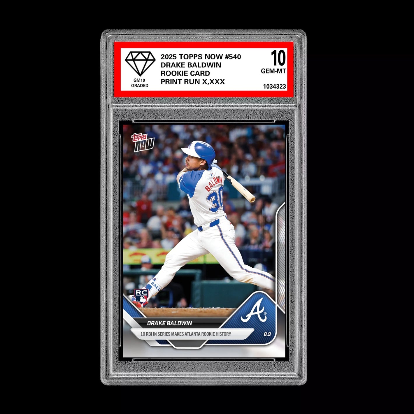 Graded 10 Drake Baldwin - 2025 Topps Now #540 RC Rookie Atlanta Braves Baseball