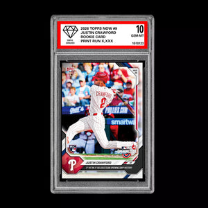 Graded 10 Justin Crawford #9 RC Rookie 2026 Topps Now MLB Opening Day  Baseball