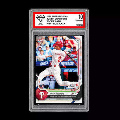 Graded 10 Justin Crawford #9 RC Rookie 2026 Topps Now MLB Opening Day  Baseball