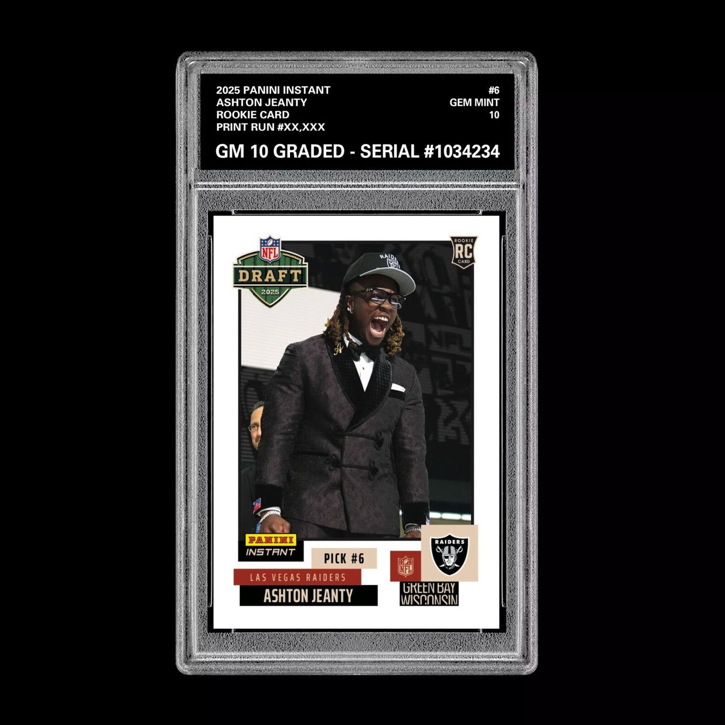 Graded 10 Ashton Jeanty RC Rookie Card 2025 Panini Instant NFL #NFLDN-6 RAIDERS Football
