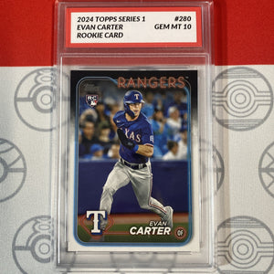 Graded 10 Evan Carter Texas Rangers 2024 RC Topps Rookie Card #280 10 Gem Mint Baseball