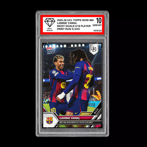 Graded 10 Lamine Yamal 2025-26 UCL Topps Now Most Goals U18 Rookie Card #65 RC Soccer